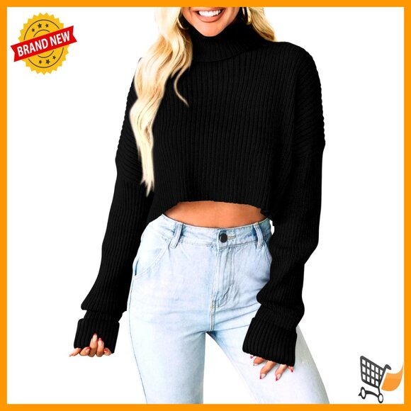 Turtleneck Cropped Sweater Ribbed Knit Long Sleeve Pullover Chic Oversized